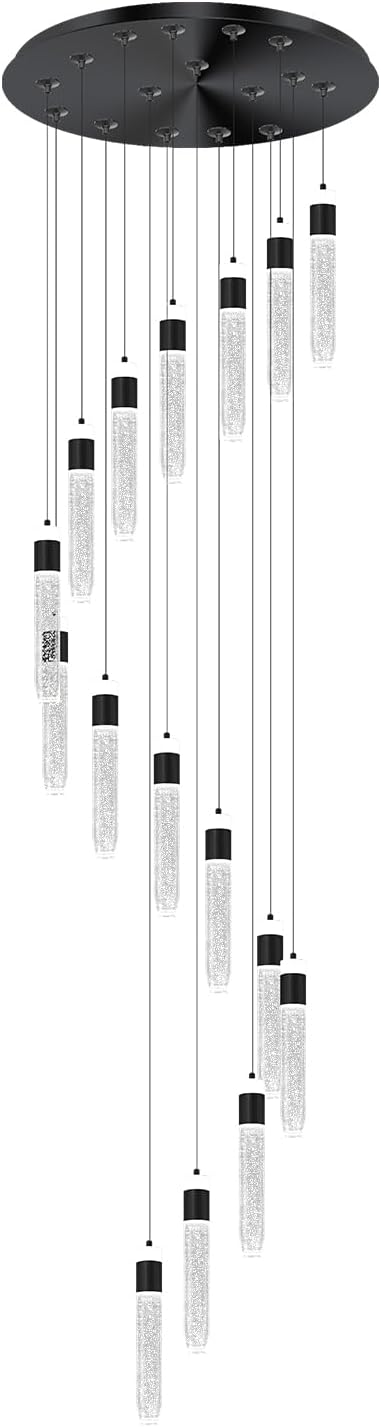 16-Light Black Crystal Chandelier for Foyer Entrance Loft 118" Long Spiral Stair Bubble Crystal Chandelier for High Ceiling Lighting Fixtures LED Lampara, Dimmable 3000K-6000K