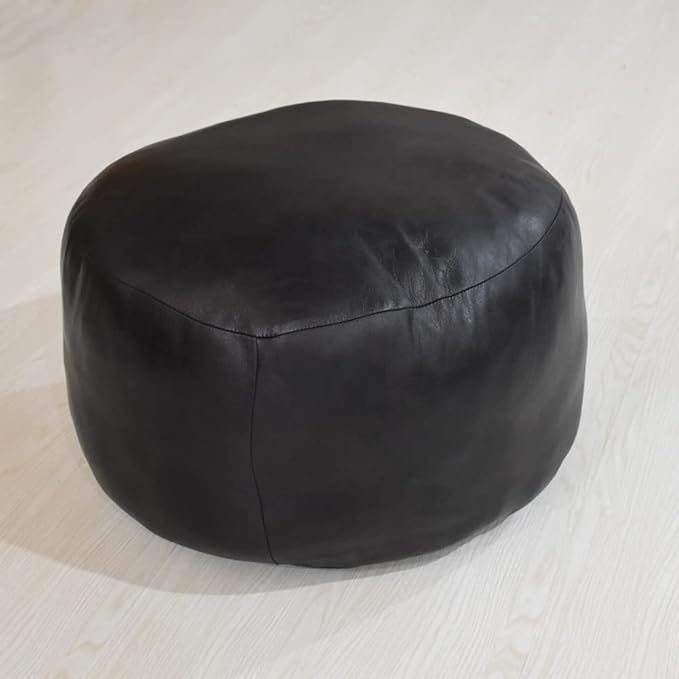 PF12 Goat Leather Handmade Eco-Friendly Black Pouf - Round Shape, 21" x 21" x 12", Plain Solid, Recycled Cotton Filled
