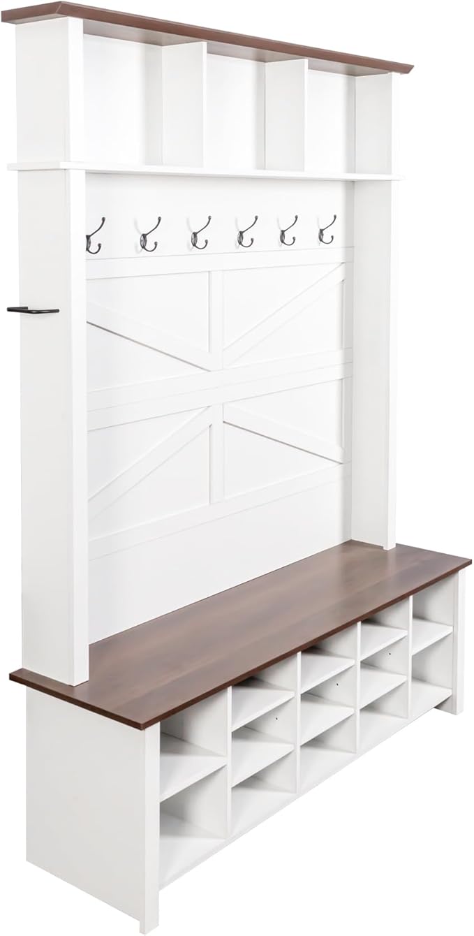 Ball & Cast 4-in-1 Hall Tree with 6 Hooks,Walnut Entryway Bench with Adjustable Shelves,Rustic Shoe Organizer with 16 Open Compartments,for Mudroom,Living Room,Hallway,White