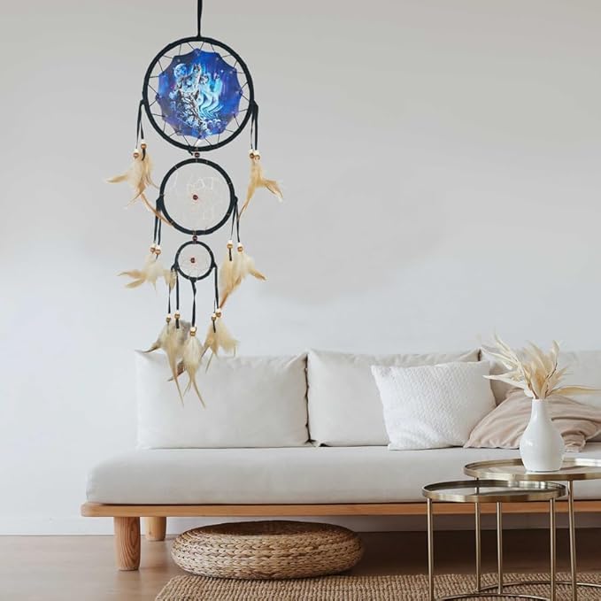 Remorelt Wolf Eagle Bear Dream Catcher Bedroom Wall Decor, Christmas Home Decoration, Room Accessory, White Moon Feather Decoration - Unique Home Craft Wall Pendant (DC12 6Inch Wolf Mountain)