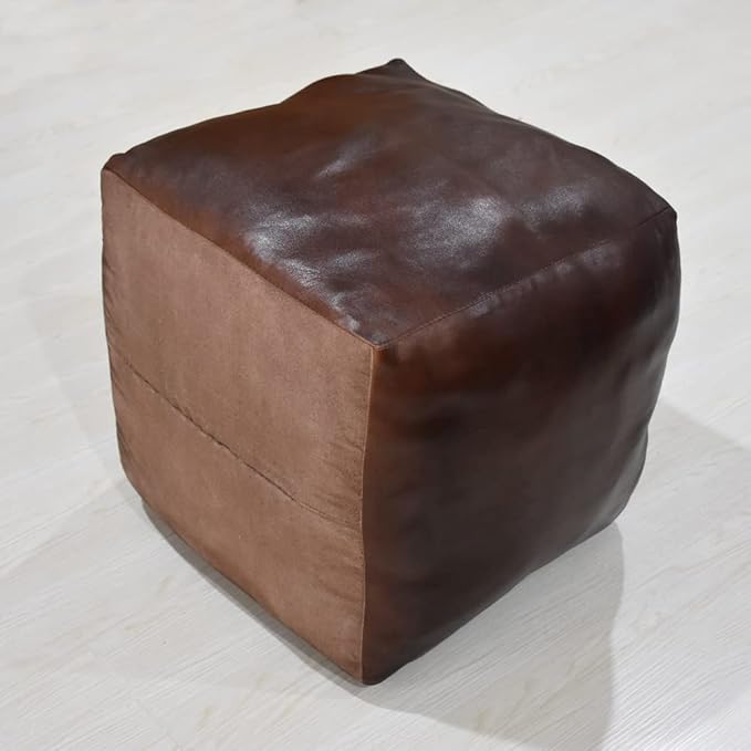 Square Shaped Goat Leather Handmade Eco-Friendly Brown Pouf - 18" x 18" x 18", Plain Solid, Recycled Cotton Filled Stuffed Seating PF12
