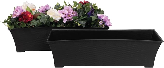 Elly Décor Set of 2 18x8 Rectangular Modern, Resistant and Self Watering Planter with Rattan-Like Finish, 18", Gray