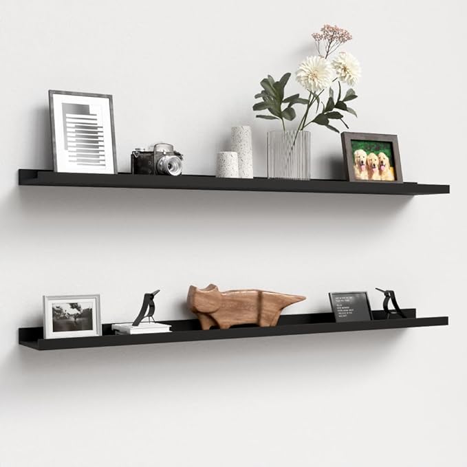 47.2 Inches Long Floating Shelves Wall Mounted, 2 Set Modern Wall Shelf for Bedroom, Nursery Book Shelf with Lip, Picture Ledge Shelf for Decor Living Room Bathroom Kitchen - Black