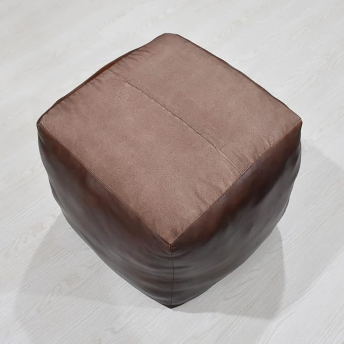 Square Shaped Goat Leather Handmade Eco-Friendly Brown Pouf - 18" x 18" x 18", Plain Solid, Recycled Cotton Filled Stuffed Seating PF12