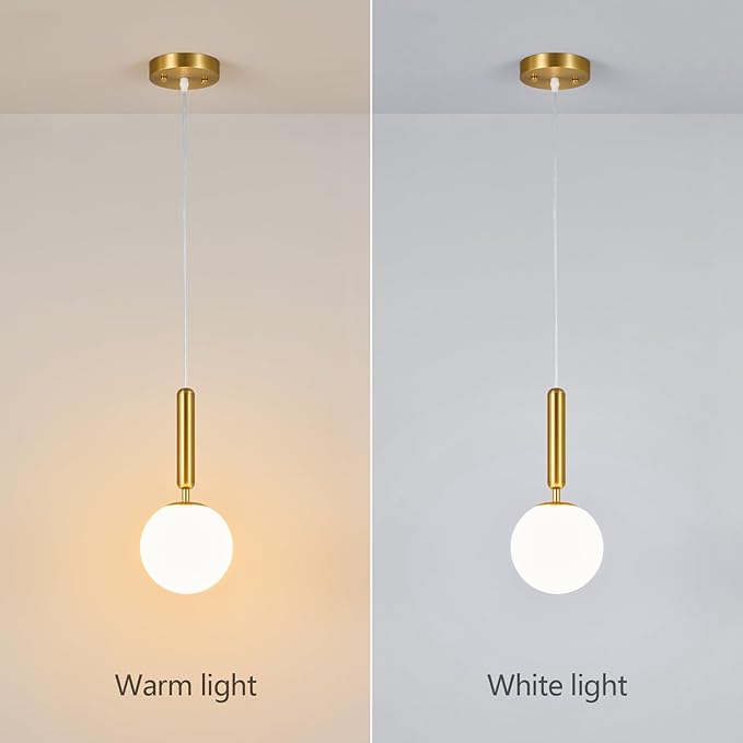 Modern Hanging Light Fixture Pendant Lighting for Kitchen Island Mid Century Gold Pendant Lights with Globe Milky White Glass Pendant Light for Bedroom Bathroom Entryway (3 Pack)