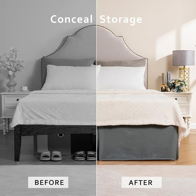 MIYE Pleated Waffle Weave Bed Skirt, Tailored Dust Ruffle 18 Inch Drop Easy Fit, Machine Washable (Dark Grey, TwinXL - 18" Drop)