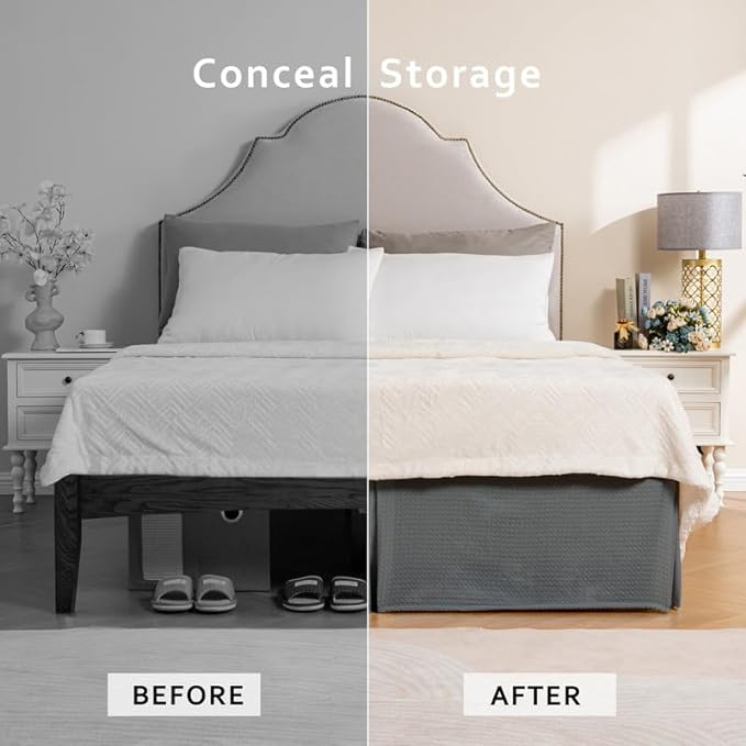 MIYE Pleated Waffle Weave Bed Skirt, Tailored Dust Ruffle 16 Inch Drop Easy Fit, Machine Washable (Dark Grey, Queen - 16" Drop)