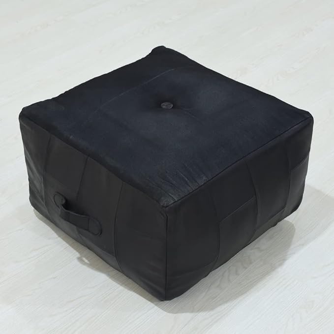Square Shaped Buffalo Leather Handmade Eco-Friendly Black Pouf - Square Pouf, 21" x 21" x 12", Geometric Pouf, Buffalo Leather Pouf, Recycled Foam with Fibre Fill Stuffed Pouf, Seating Pouf PF25