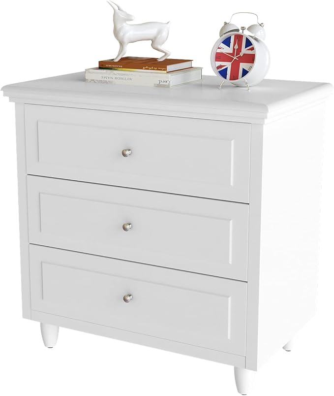 Lamerge White Nightstand with 3 Drawers,Sofa Side Table/End Table,Wooden Legs,Storage Cabinet for Bedroom, Living Room, 15.75" D x 21.65" W x 23.6" H, LWN3