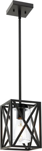 TODOLUZ 1-Light Farmhouse Pendant Light Black Cage Hanging Ceiling Lights with Clear Glass Shade for Kitchen Hallway Dining Room Foyer Bedroom