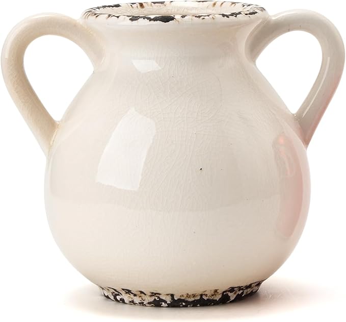 LUKA Antique Ceramic Vase with 2 Handle,6.4 inches Ice Cracked Rustic Vase Minimalist Decor, Decorative Vases for Home Decor, Table, Living Room, Shelf, Christmas Decoration(Small,Ice Cracked White)
