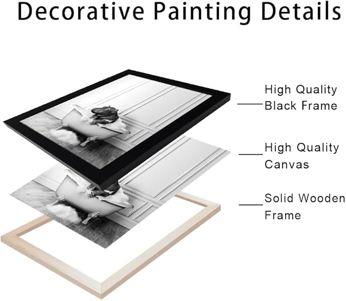 Black and White Bathroom Decor Funny Hippo in Bathtub Wall Art Framed Humor Bathroom Signs Cute Animal Canvas Print Painting Artwork