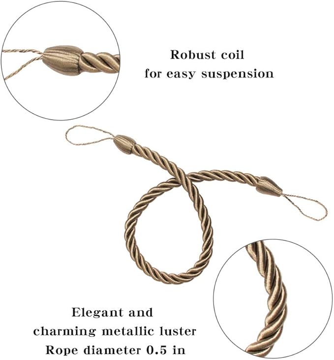 BEL AVENIR Curtain Rope Tiebacks, Drapery Rope Holdbacks with 4 Metal Screw Hooks, 4 Pack - Flaxen
