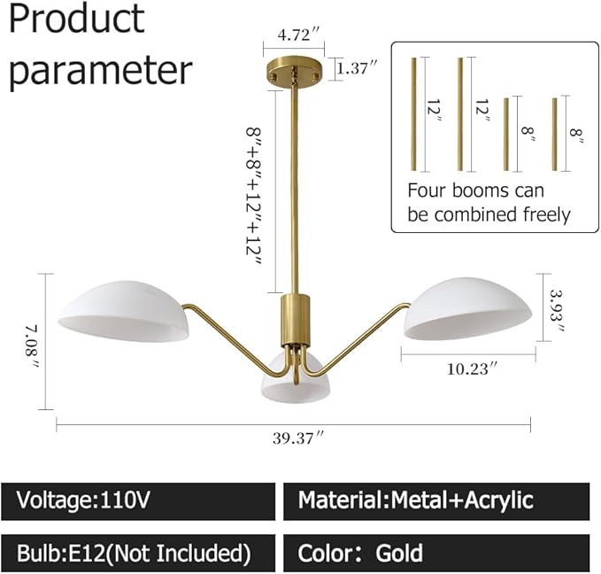 Modern 3-Light Luxury Elbow Chandelier Metal Acrylic Living Room Bedroom Dining Room Creative Adjustable Height Ceiling Light, Universal Wheel Suitable for Inclined Ceiling Installation