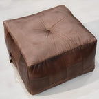 Square Shaped Buffalo Leather Handmade Eco-Friendly Brown Pouf - Square Pouf, 14"x14"x14", Plain Solid Pouf, Buffalo Leather Pouf, Recycled foam with fibre Filled Stuffed Pouf, Seating Pouf PF25