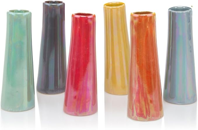 Chive - Set of 6 Galaxy, 1.5" in Wide 5.5" Tall Small Cylinder Ceramic Bud Flower Vase, Unique Single Flower Decorative Floral Vase for Home Decor, Bulk (Yellow, Green, Red, Blue, Orange)