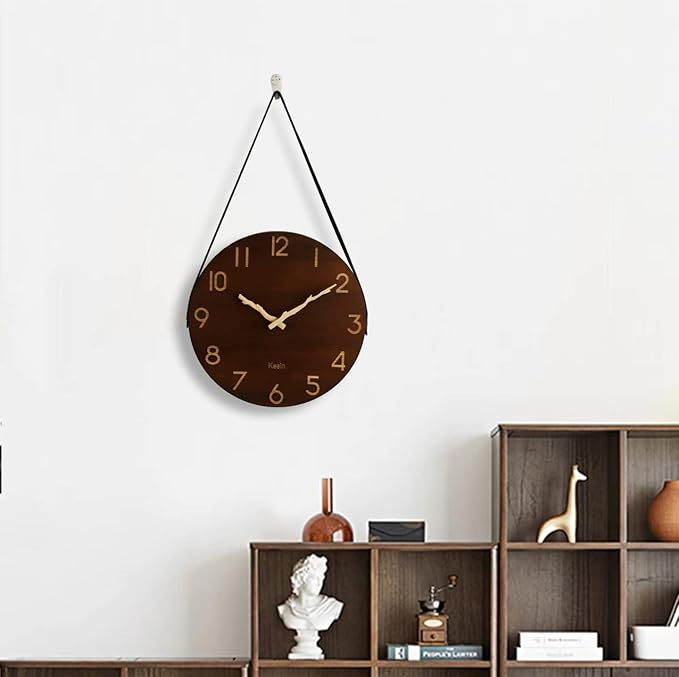 Kesin Wall Clock 12 Inch Silent Wooden Wall Clock Battery Operated Hand Made Retro Fashion Clock with Rope Hanging Decorative for Living Room Kitchen Bedroom Office