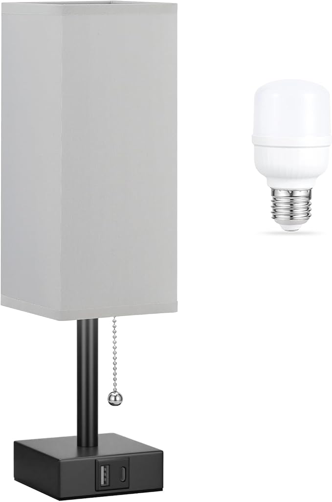 Gray Small Bedroom Lamp - 3 Color Temperature 3000K 5000K 4000K Bedside Lamp, Pull Chain Control, USB A and C Charging Ports, Black Base, for Kids Office Dorm, Bulb Included