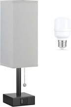 Gray Small Bedroom Lamp - 3 Color Temperature 3000K 5000K 4000K Bedside Lamp, Pull Chain Control, USB A and C Charging Ports, Black Base, for Kids Office Dorm, Bulb Included