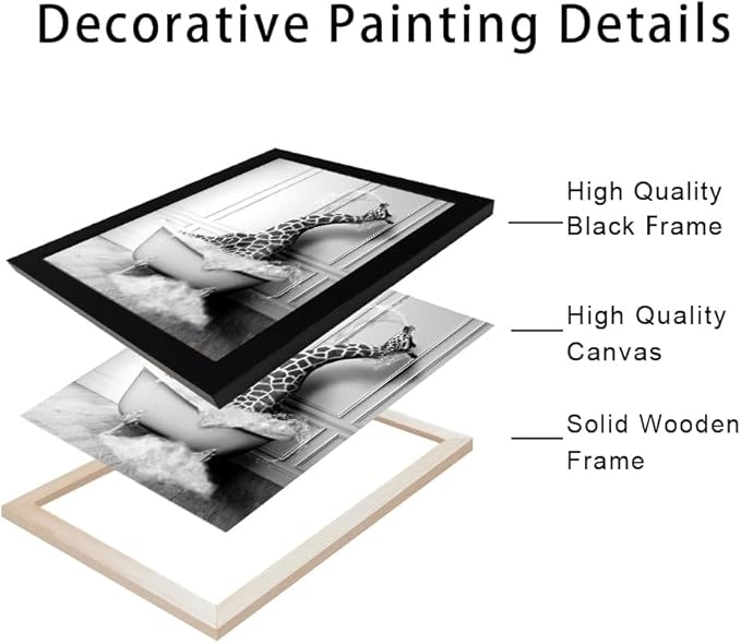 Framed Animal Bathroom Wall Art Black and White Canvas Wall Art Funny Giraffe in Bathtub Print Farmhouse Painting Kids Bathroom Decor