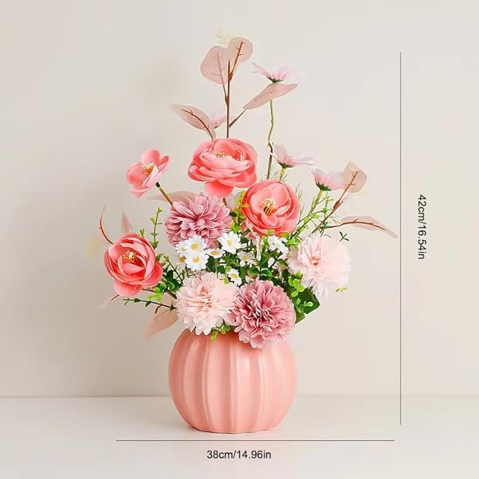 Artificial Flowers, Fake Flowers in Vase, Silk Flowers with Ceramic Vase, Faux Flowers Arrangement for Homes, Restaurants Decoration Dining Table Centerpiece Decor (Pink)