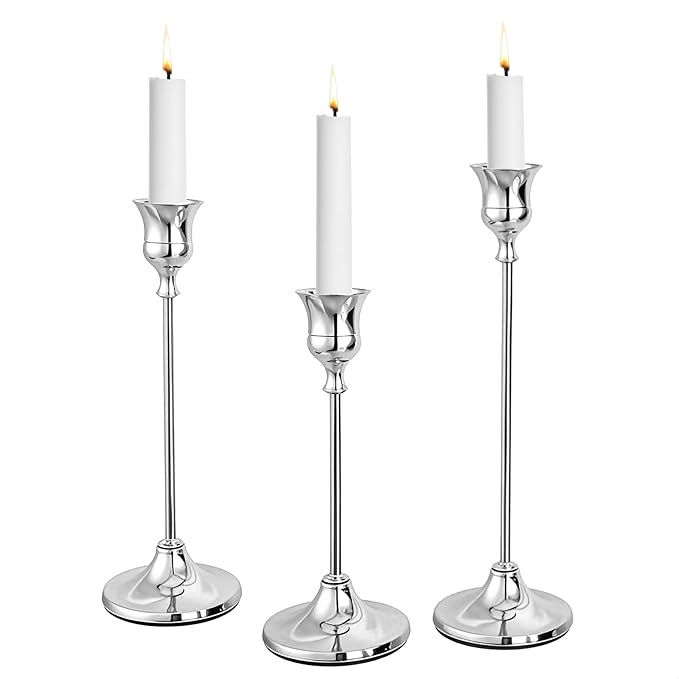 CHILL RECIPE Silver Taper Candle Stick Holders Tall Candle Holder, Vintage Candlesticks Holder Bulk for Home Decor Table Centerpiece Dining Party Festival Decorations(1 Set 3Pcs)