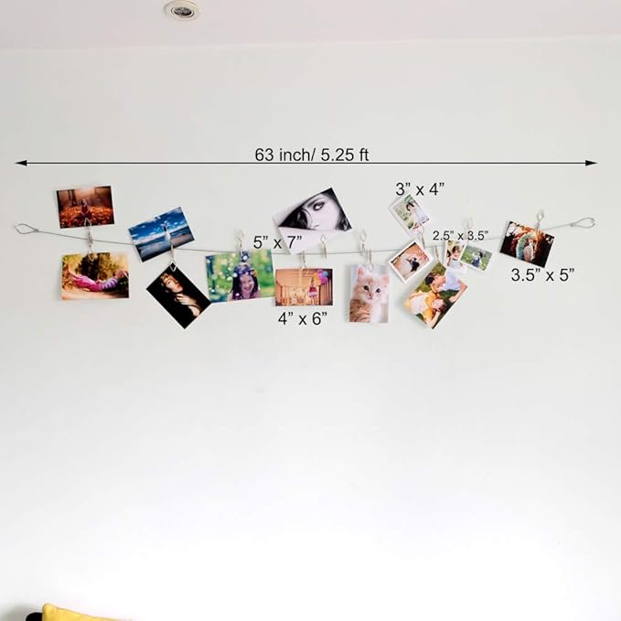 TFu Multi-Purpose Steel Wall Hanging Photo Display Cable Wire Rod with 12 Adjustable Clips for Hanging Photos Notes Postcard and Artworks (Rhombus)