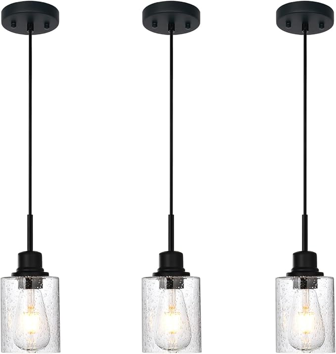 Modern Farmhouse Mini Chandeliers 3 Pack Black Pendant Lights Kitchen Island with Seeded Glass, Dining Room Lighting Fixtures Hanging Ceiling for Sink Bar Hallway Porch Corridor Bedroom