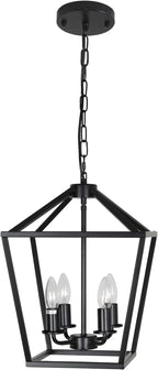 4-Light Lantern Pendant Light,Modern Industrial Black Cage Farmhouse Chandelier for Kitchen Island,12'' Rustic Metal Hanging Lighting Fixture for Dining Room Bedroom Foyer Entry Porch