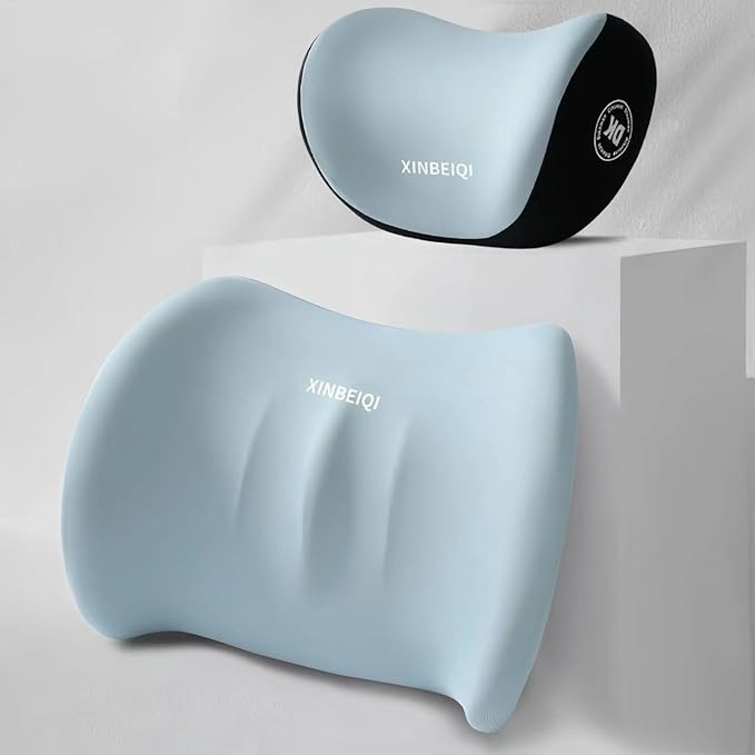 Car Seat Back Support and Car Neck Pillow Kit, Ergonomic Design headrest Lumbar Support for Neck Back Pain Relief Improve Sitting Posture (Blue), Blur