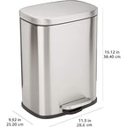 Amazon Basics Smudge Resistant Small Rectangular Trash Can With Soft-Close Foot Pedal, Brushed Stainless Steel, 12 Liter/3.1 Gallon, Satin Nickel Finish, 11.3"L x 9.9"W x 15.1"H