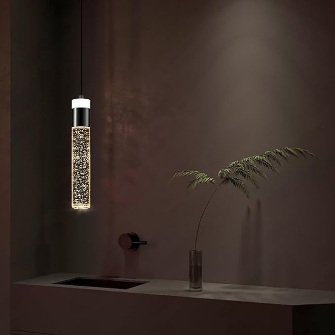 Modern Mini Crystal Pendant Light for Kitchen Island Bedroom Bedside Hanging Ceiling Lamp with Crystal Bubble Column, LED Dimmable 3000k-6000k Independent 1-Light Black