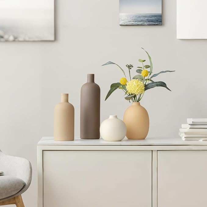 Modern Ceramic Vase Set, Neutral Colors, Decorative Vases for Home Shelf Decor, 4 Piece Collection (Coffee Mix Set 4)