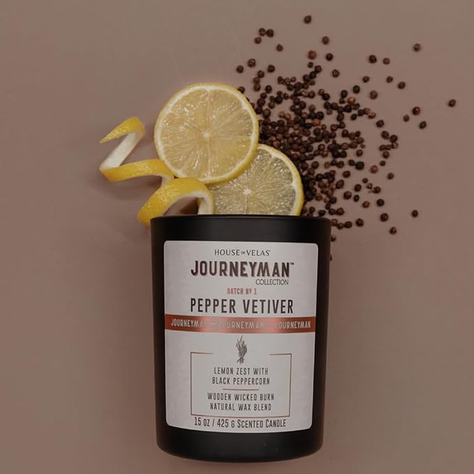 Journeyman Collection Candle, 15oz, Wooden Wick, Pepper Vetiver, Large Painted Jar
