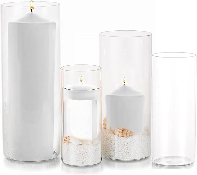 Glass Hurricane Candle Holder Esmiome - Cylinder Vases for Centerpieces 4Pcs/Set Hurricane Floating Candle Holder, Glass Vases for Flowers, Decorative for Home Wedding, 4'' + 6'' + 8'' +10''(High)