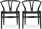 Wishbone Chair, Solid Wood Armrest Woven Seat Chair, Kitchen & Dining Chair, Wishbone Y Black Chairs - Set of 2 (Ash Wood - Black)