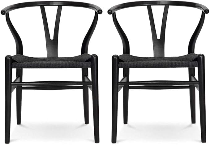 Wishbone Chair, Solid Wood Armrest Woven Seat Chair, Kitchen & Dining Chair, Wishbone Y Black Chairs - Set of 2 (Ash Wood - Black)