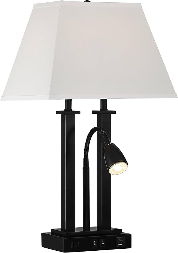 Possini Euro Design Deacon Modern Gooseneck Desk Lamp with USB Charging Port and Outlet 26" High LED Black Metal Oatmeal Linen Fabric Shade for Living Room Bedroom House Bedside Nightstand Office