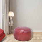 PF12 Round Shaped Goat Leather Handmade Eco-Friendly Dark Pink Pouf - 21" x 21" x 12", Plain Solid, Recycled Foam with Fibre Fill Stuffed