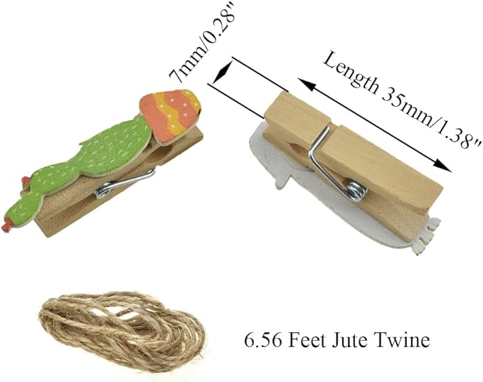 HAHIYO Cactus Painted Mini Wooden Clothespin Clip with 6.56 Feet Jute Twine Photo Paper Holders 1.38inch Tight Clamp Not Fray Rope Post Notices Handy Read for Hanging Postcard Wedding 20PCS