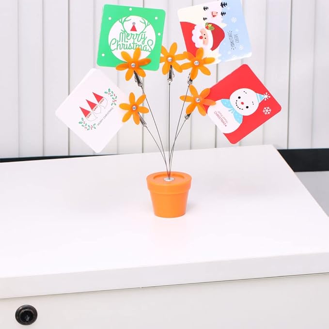 Cute Flower Table Card Memo Holder Stand,1 Pcs Photo Clips Holder Desk Stand for Memo Paper Note Monmory Photo Christmas Wedding Display with Flowerpot Shaped Plastic Base (Orange)