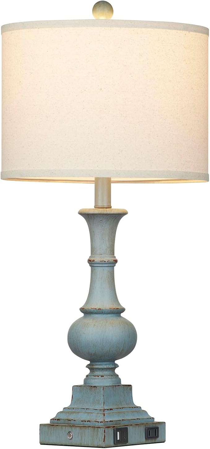 Farmhouse Table Lamps Set of 2, 26" Vintage Rustic Touch Control 3-Way Dimmable Bedside Lamp with USB A+C Ports & AC Outlet, Blue Nightstand Lamp for Living Room Bedroom End Table(LED Bulbs Included)
