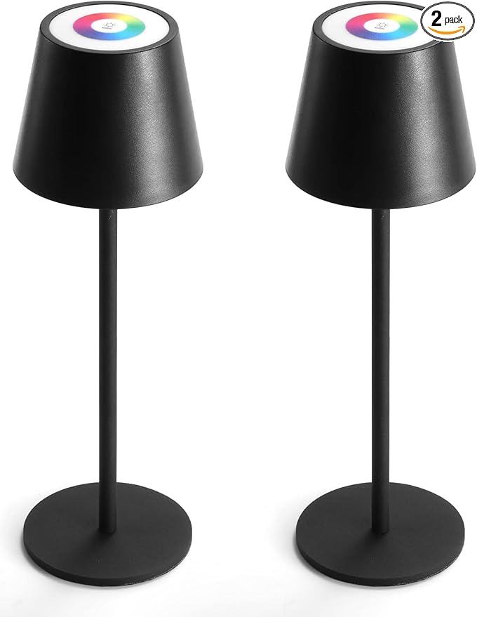 Maksone 2 Pack RGB Cordless Table Lamp, 6600mWh Rechargeable Battery Desk Lamp, 3000K Stepless Dimming and Led Color Changing Night Light, IP54 Waterproof Outdoor Portable Lamp for Patio (Black)