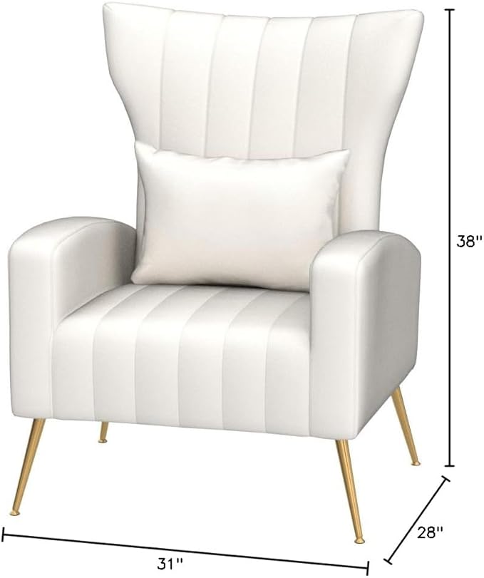 X-VOLSPORT Velvet Accent Chair, Mid Century Modern High Back Living Room Chair with Waist Pillow, Upholstered Arm Chair with Metal Gold Legs for Bedroom, Club, White