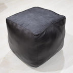 Square Shaped Goat Leather Handmade Eco-Friendly Black Pouf - 18" x 18" x 18", Plain Solid, Recycled Cotton Filled Stuffed Seating PF12