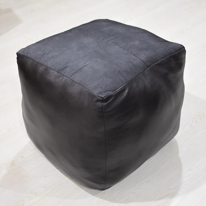Square Shaped Goat Leather Handmade Eco-Friendly Black Pouf - 18" x 18" x 18", Plain Solid, Recycled Cotton Filled Stuffed Seating PF12