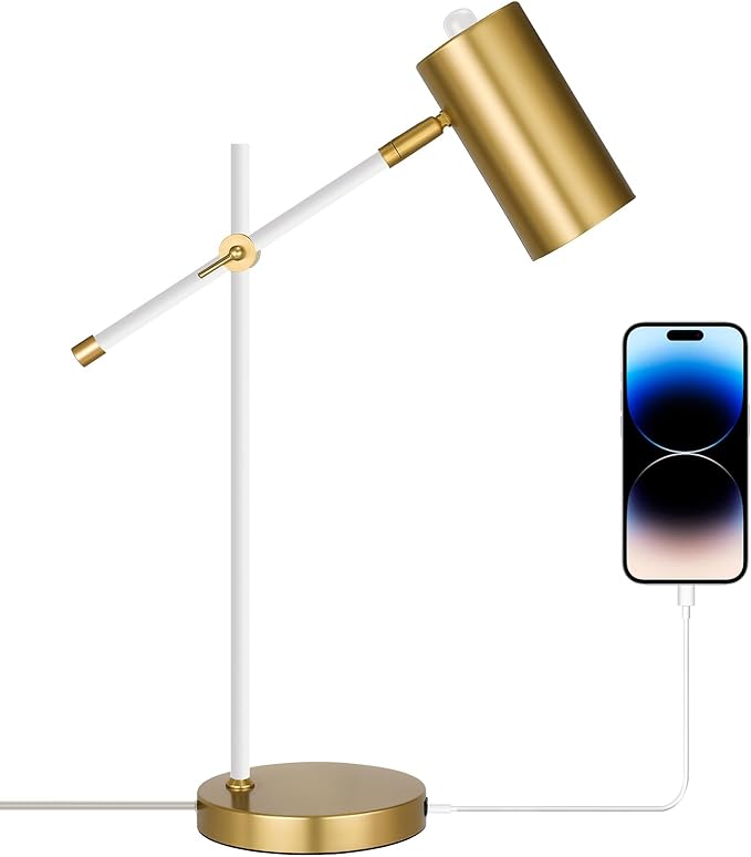 Modern White and Gold Desk Lamp, Minimalist Industrial Table Lamp with Swing Arm, for Study Room Home Office Bedroom Bedside Nightstand