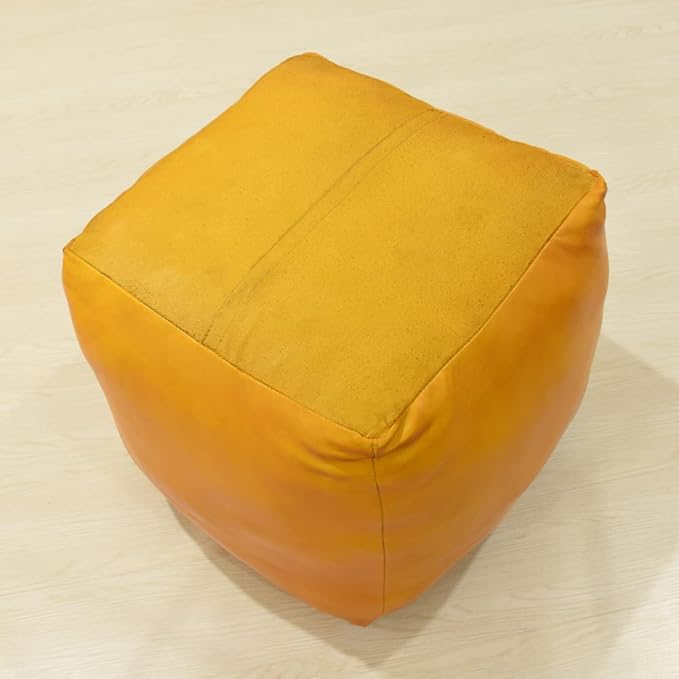 Square Shaped Goat Leather Handmade Eco-Friendly Mustard Pouf - Square Pouf, 16" x 16" x 16", Plain Solid Pouf, Goat Leather Pouf, Recycled Foam with Fibre Fill Stuffed Pouf, Leather Pouf PF12