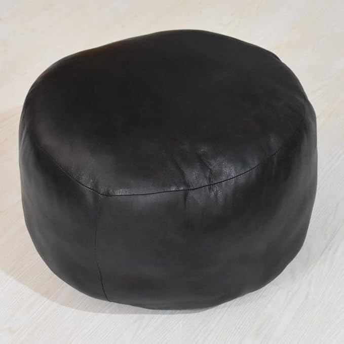 PF12 Goat Leather Handmade Eco-Friendly Black Pouf - Round Shape, 21" x 21" x 12", Plain Solid, Recycled Cotton Filled