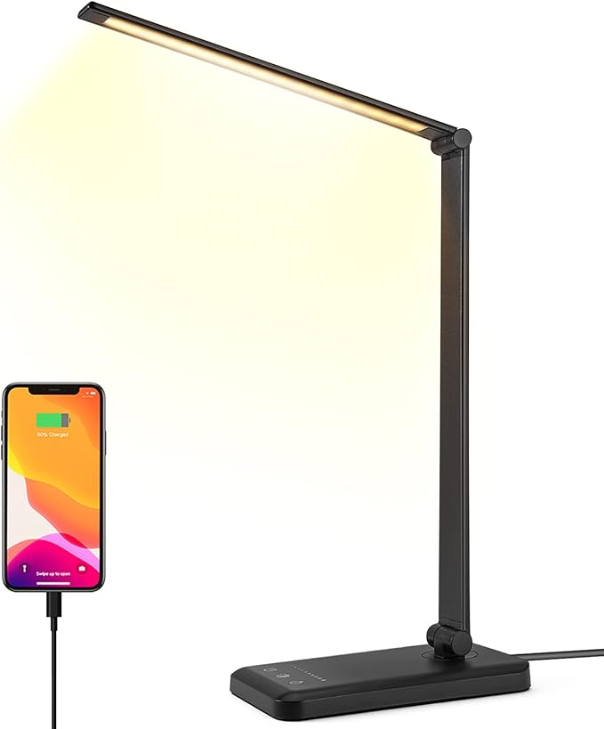 Led Desk Lamp, Desk Lamp with USB Charging Port, 5 Color Modes, 10 Brightness, Natural Light, Eye Caring Reading Lamp, Desk Light for Home Office, Table Lamp, Touch Control, Auto-Timer, Black